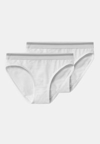 Two pairs of white cotton briefs with a soft elastic waistband featuring light gray stripes. Standard cut with a smooth texture.