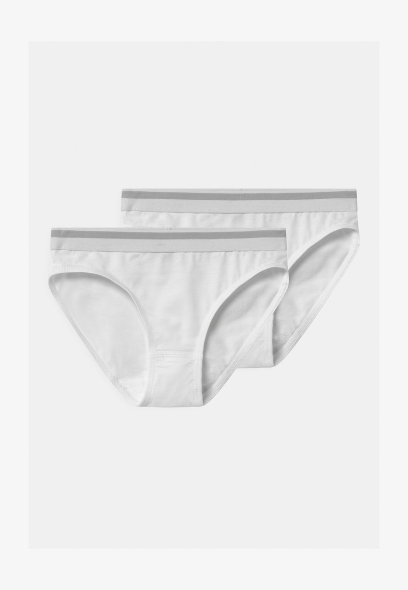 Duass pares de cuecas de algodão brancas com uma cintura elástica suave, apresentando riscas cinza claro. Corte standard com uma textura suave.