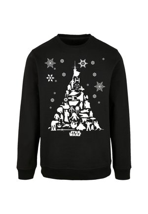 Schwarzer Kapuzenpullover mit einem weißen Design eines Weihnachtsbaums, der aus Star Wars-Figuren und Schneeflocken besteht, mit dem Text "STAR WARS" am unteren Rand.