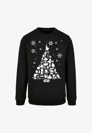Black sweatshirt featuring a white design of a Christmas tree made of Star Wars characters and snowflakes, with "STAR WARS" text at the bottom.