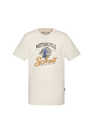 Weißes T-Shirt mit kurzen Ärmeln und einem Grafikdesign im Vintage-Stil, das einen Arbeiter zeigt, der einen Schraubenschlüssel hält, mit dem Text "MOTORCYCLE Schott Bros. Inc. Reg. 1913."