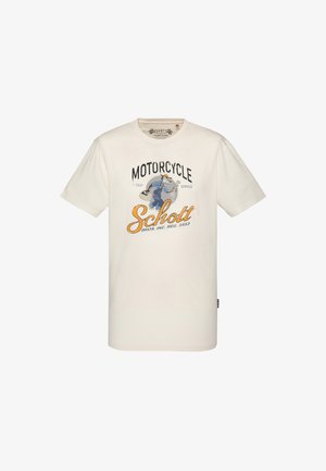Witte T-shirt met korte mouwen en een vintage-achtige afbeelding van een arbeider met een moersleutel, tekst "MOTORCYCLE Schott Bros. Inc. Reg. 1913."