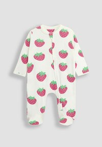 Biele dieťa onesie s ružovým vzorom jahôd, s dlhými rukávmi, predným zipom a okrúhlym výstrihom. Mäkkučký materiál a dizajn so zatvorenými nožičkami.