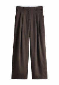 Dunkelbraune Hose mit weitem Bein, vorderen Falten, Gürtelschlaufen und verdecktem vorderem Verschluss, vor weißem Hintergrund präsentiert.