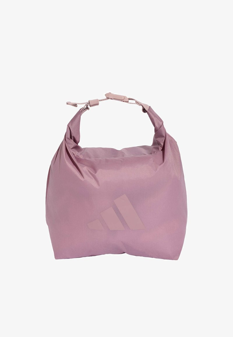 Pink soft fabric shoulder bag with an adjustable strap and a subtle Adidas logo on the front, isolated on a white background.