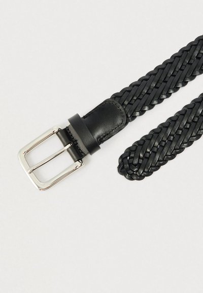 Black braided leather belt with a silver rectangular buckle. The buckle is attached to a smooth leather strap. Textured surface throughout.