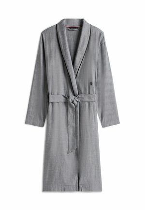 Gray robe with a textured fabric, long sleeves, shawl collar, tied belt at the waist, and an embroidered logo on the side.