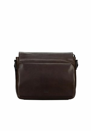 Dark brown leather messenger bag with front flap, subtle logo, and adjustable shoulder strap on a white background.