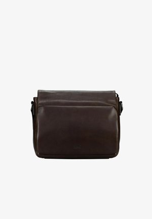 Dark brown leather messenger bag with front flap, subtle logo, and adjustable shoulder strap on a white background.