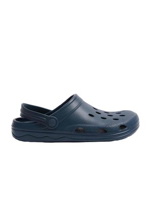 Navy blue lightweight clog with ventilation holes, textured sole, and adjustable heel strap, designed for casual wear and breathability.