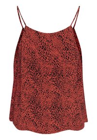 Blouse rouge sans manches avec fines bretelles et motif imprimé animal noir, coupe ample, conçue pour un usage décontracté.