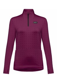 Kastanjefärgad zip-up-tröja med hög krage, prydd med ett texturerat mönster av små kors, GORE-logotyp och tumhål vid ärmsluten.