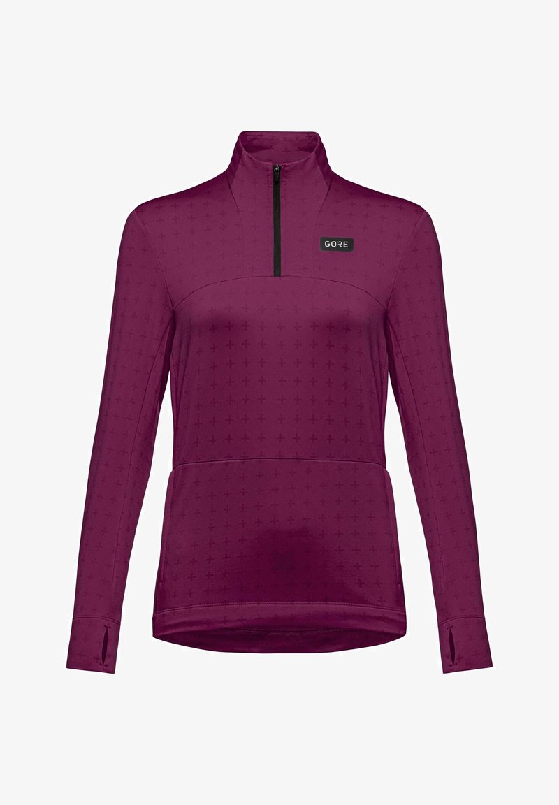 Maroon zip-up top with a high collar, featuring a textured pattern of small crosses, GORE logo, and thumbholes at the cuffs.
