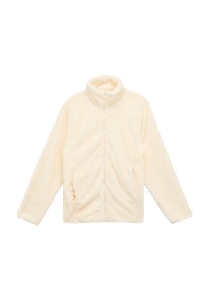 Kremowa, miękka kurtka z polaru z długimi rękawami, pełnym suwakiem z przodu i wysokim kołnierzem, rozłożona płasko na białym tle.