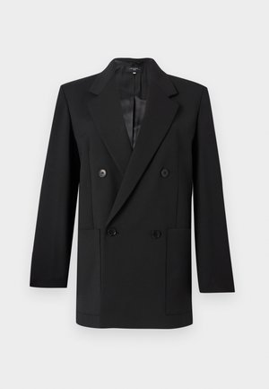 Black double-breasted blazer with peaked lapels, two large front pockets, and button closures. Smooth fabric with a tailored fit.