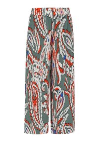 Pantalon à jambes larges avec une base verte et un motif cachemire audacieux en rouge, blanc, rose et bleu, doté d'une taille haute et d'une longueur raccourcie.