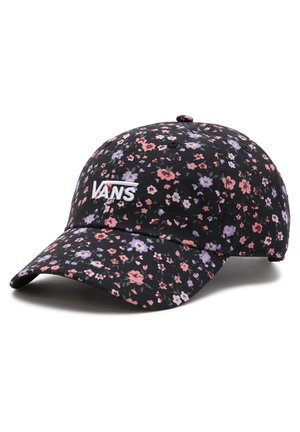 Zwarte honkbalpet met roze, paarse en rode bloemenprint en wit Vans-logo geborduurd aan de voorkant.