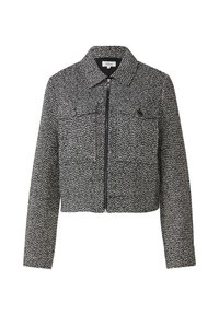 Czarna i biała, teksturowana kurtka z krótkim rękawem, z pełnym zapięciem na zamek z przodu, kołnierzem oraz dwiema kieszeniami na piersi z klapkami i zatrzaskami.