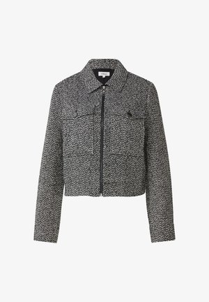 Zwart-wit gemêleerde cropped jas met volle rits aan de voorkant, kraag en twee flapzakken op de borst met drukknoopsluitingen.