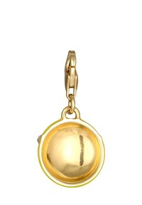 Charm rond en ton or avec un fermoir, présentant une surface lisse et réfléchissante et une bordure en émail vert. Marqué "925" à l'intérieur.
