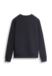 Felpa blu navy, tessuto felpato, colletto tondo, maniche lunghe a raglan, collo e polsini ribattuti, orlo elastico, texture liscia, design minimale.