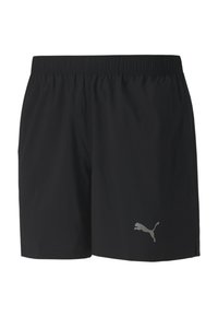 Svarta sportshorts i lättviktsmaterial med elastisk midja och en reflekterande grå Puma-logotyp längst ner till vänster.