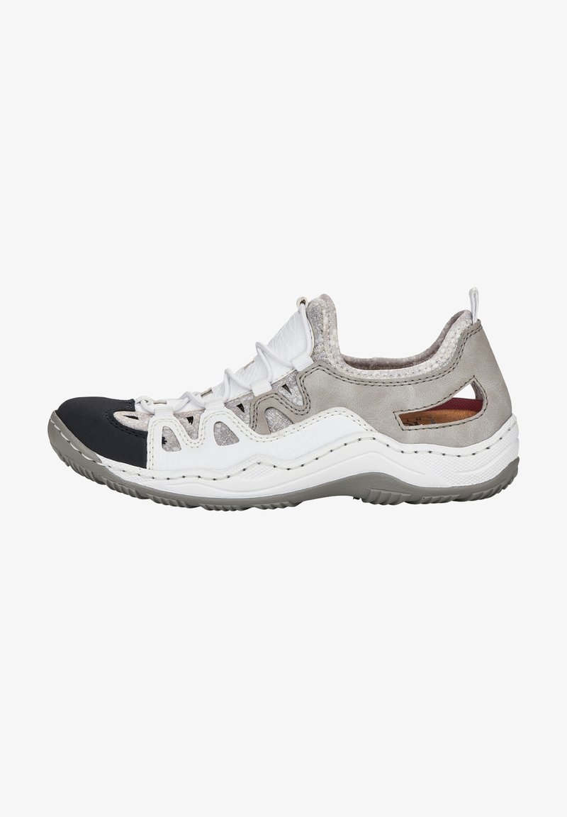 Multicolor athletic shoe with a black toe, white and grey leather and mesh upper, lace-up design, textured accents, and rubber sole.