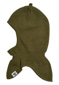 Oliwkowa dzianinowa kominiarka, z bezszwowym designem, zwężającym się kształtem i metką z logo po lewej stronie. Gładka tekstura.