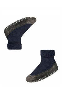 Marineblaue und graue Hausschuhe aus weichem, strukturiertem Wolloberteil, bequemen Bündchen und rutschfesten weißen Gummipunkten an der Sohle für besseren Halt.