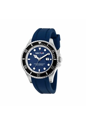 Orologio subacqueo Blue Sector con ghiera girevole nera, indici argento, finestra data alle 3 e cinturino in silicone blu, resistente all'acqua fino a 100 metri.