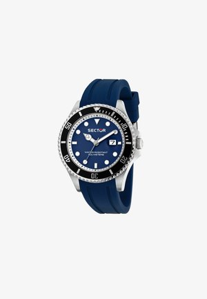 Orologio subacqueo Blue Sector con ghiera girevole nera, indici argento, finestra data alle 3 e cinturino in silicone blu, resistente all'acqua fino a 100 metri.