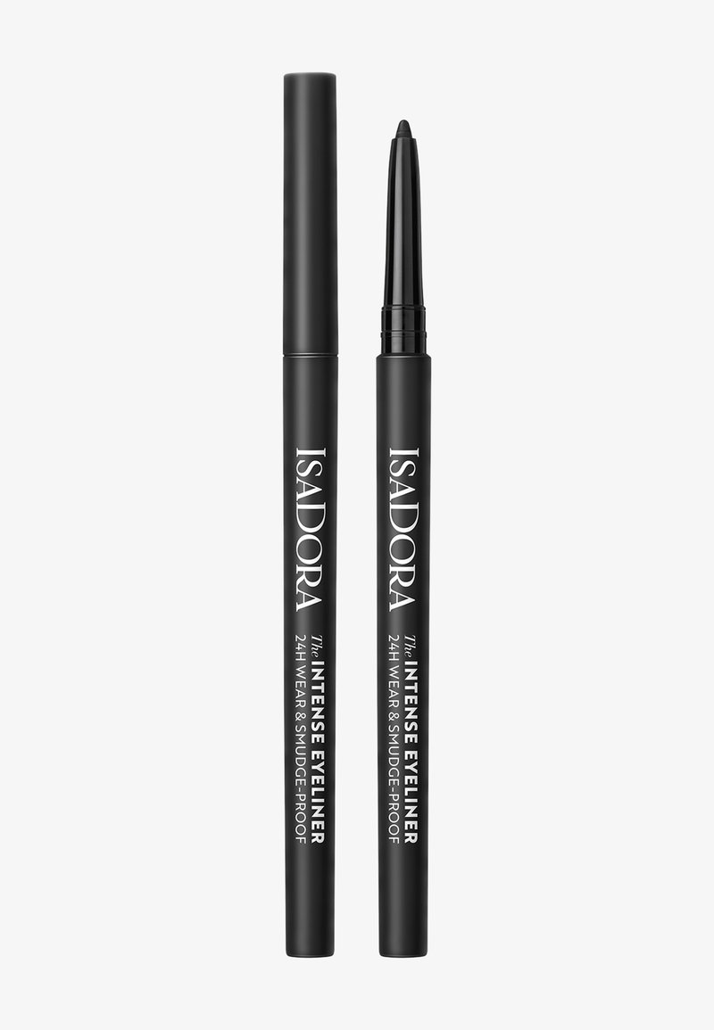 Crayon eye-liner rétractable noir avec bouchon enlevé et mis en place, étiqueté "ISADORA The Intense Eyeliner 24H Wear & Smudge-Proof."