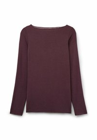 Langärmliges Oberteil in tiefem Burgunderrot, mit weitem Ausschnitt und lockerem Sitz. Der Stoff ist weich, mit glatter Textur und minimalen Nahtdetails.