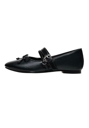 Black pointed-toe Mary Jane flat shoe with double straps, silver buckle, and small decorative bow on front.