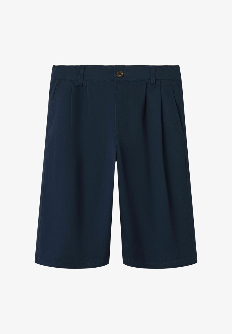 Jūras zilo šortus no gludas auduma ar jostu ar pogu aizdari, divām priekšējām kabatām un krokota dizainu.