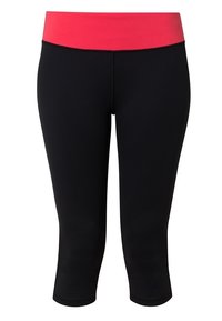 Leggings capri noirs avec une large ceinture rose, présentant une texture lisse et une coupe ajustée. Idéal pour une tenue sportive ou décontractée.