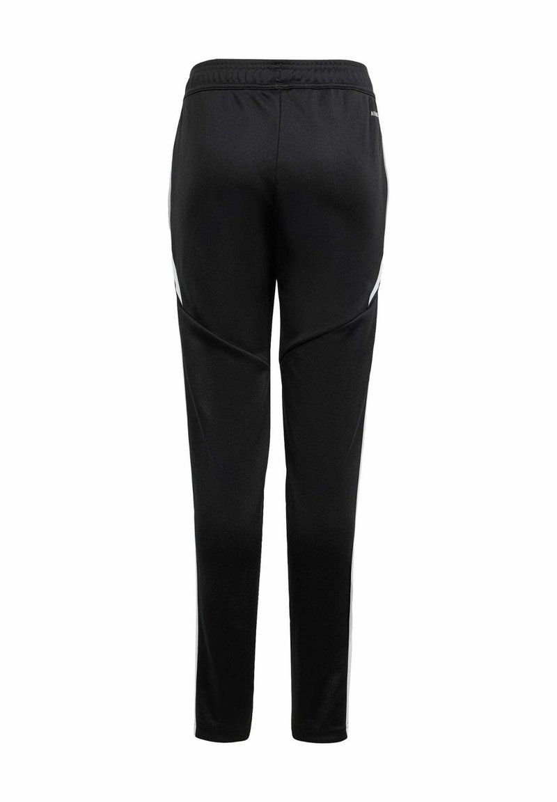 Zwarte sportbroek met een soepele textuur, voorzien van een elastische tailleband, taps toeloopende pijpen en witte accentstrepen aan de zijkanten.