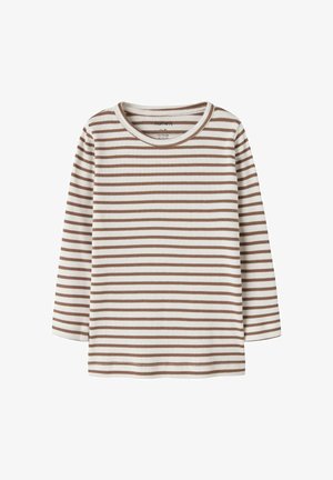 Long-sleeve ribbed cotton shirt with horizontal beige and white stripes, crew neck, designed for toddlers and young children.