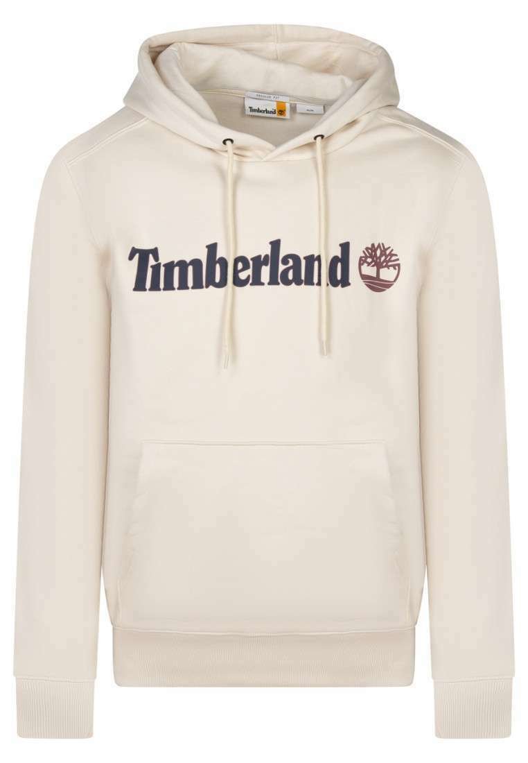 Sweatshirt à capuche beige en tissu doux, doté d'une poche kangourou à l'avant et d'un logo "Timberland" bleu marine avec emblème d'arbre.