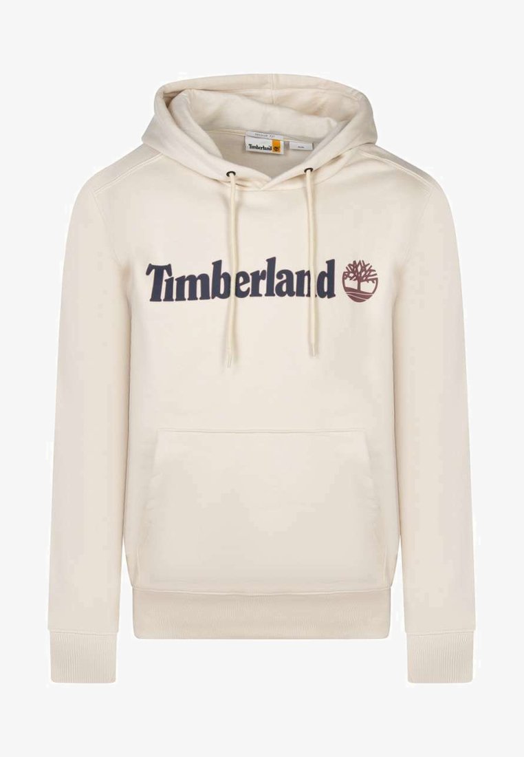 Felpa con cappuccio beige realizzata in tessuto morbido, dotata di tasca a marsupio frontale e logo "Timberland" blu scuro con emblema dell'albero.