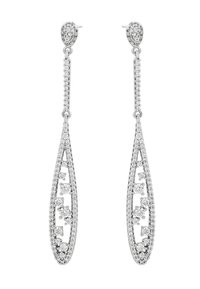 Strieborné náušnice vo forme kvapiek s precízne vypracovaným otvoreným dizajnom, zdobené viacerými malými guľatými zirkónmi, s tvarom slzy.