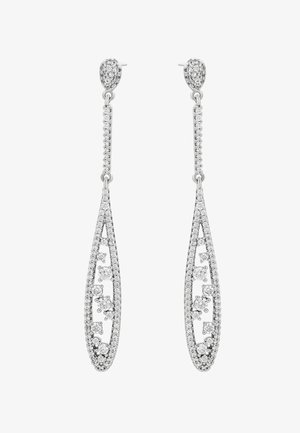 Orecchini a goccia in argento con un intricato design a traforo, adornati con numerosi piccoli zirconia cubici tondi, caratterizzati dalla forma a goccia.