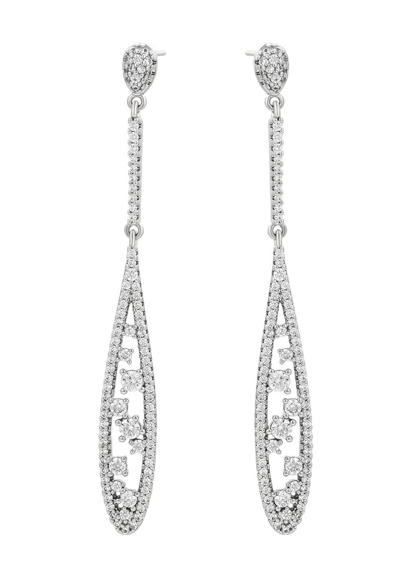 Strieborné náušnice vo forme kvapiek s precízne vypracovaným otvoreným dizajnom, zdobené viacerými malými guľatými zirkónmi, s tvarom slzy.