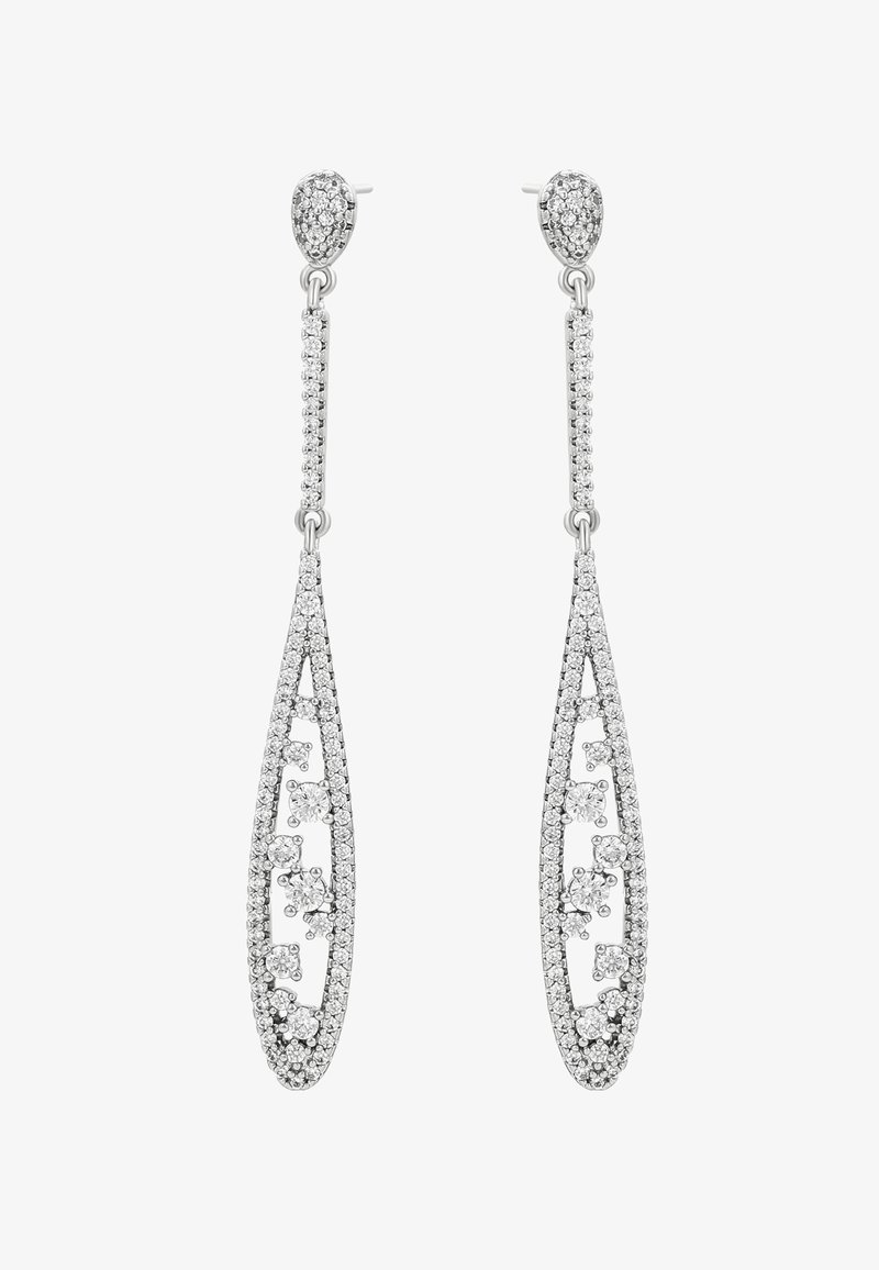 Strieborné náušnice vo forme kvapiek s precízne vypracovaným otvoreným dizajnom, zdobené viacerými malými guľatými zirkónmi, s tvarom slzy.