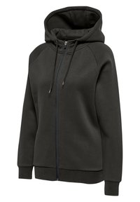 Mörkgrå zip-up hoodie med dragsko i huvan, ribbad mudd och framdragkedja. Tillverkad av mjukt, texturerat tyg med raglanärmar.