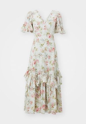 Robe florale en tissu léger, dotée d'un col en V, de manches bouffantes et de volants superposés à l'ourlet dans des teintes pastel de rose et de vert.