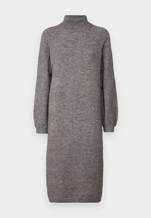 Hallide hall kampsuniga kleit, millel on kõrge kaelus, lõdvad pikad varrukad ja sirge lõige. Valmistatud pehmest, tekstuuriga kangast, ulatudes kuni põlve keskpaigani.