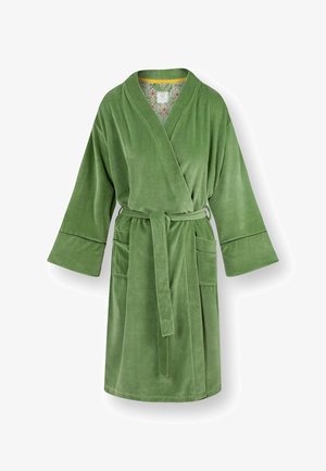 Green plush knee-length robe with wide sleeves, two front pockets, a matching belt, and floral inner lining at the collar.