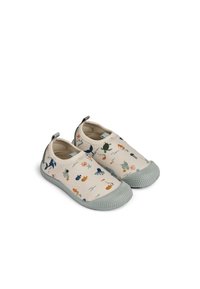 Gyermek papucs krémszínű szövet felsőrésszel, tengeri állatmintákkal. Szürke gumi talp texturált felülettel.