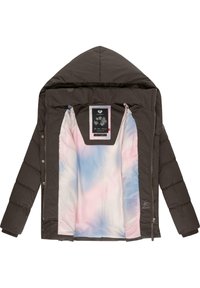 Brown puffer jacket with a hood, featuring a tie-dye pastel interior and a logo tag stitched on the inside. Textured outer material.